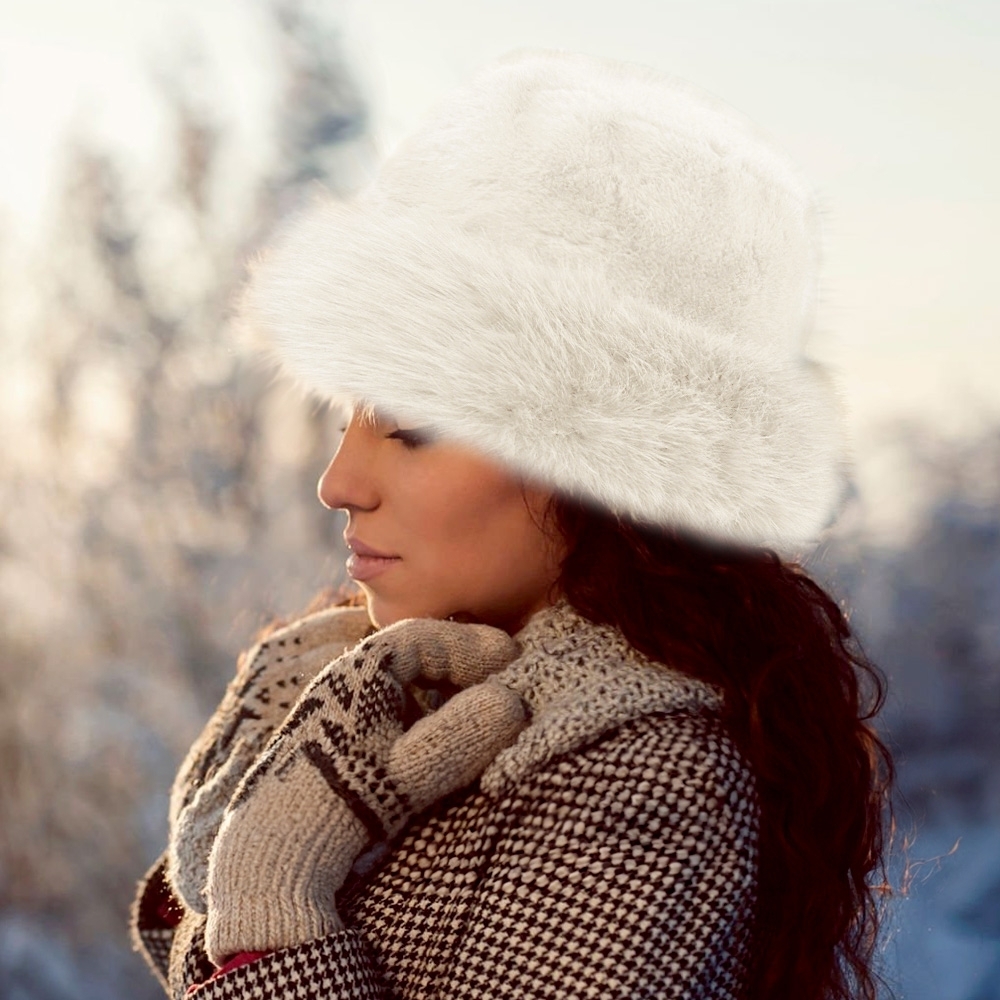 Ivory Winter Fluffy Russian Fur Bucket Hat Trendy Fashion Accessory